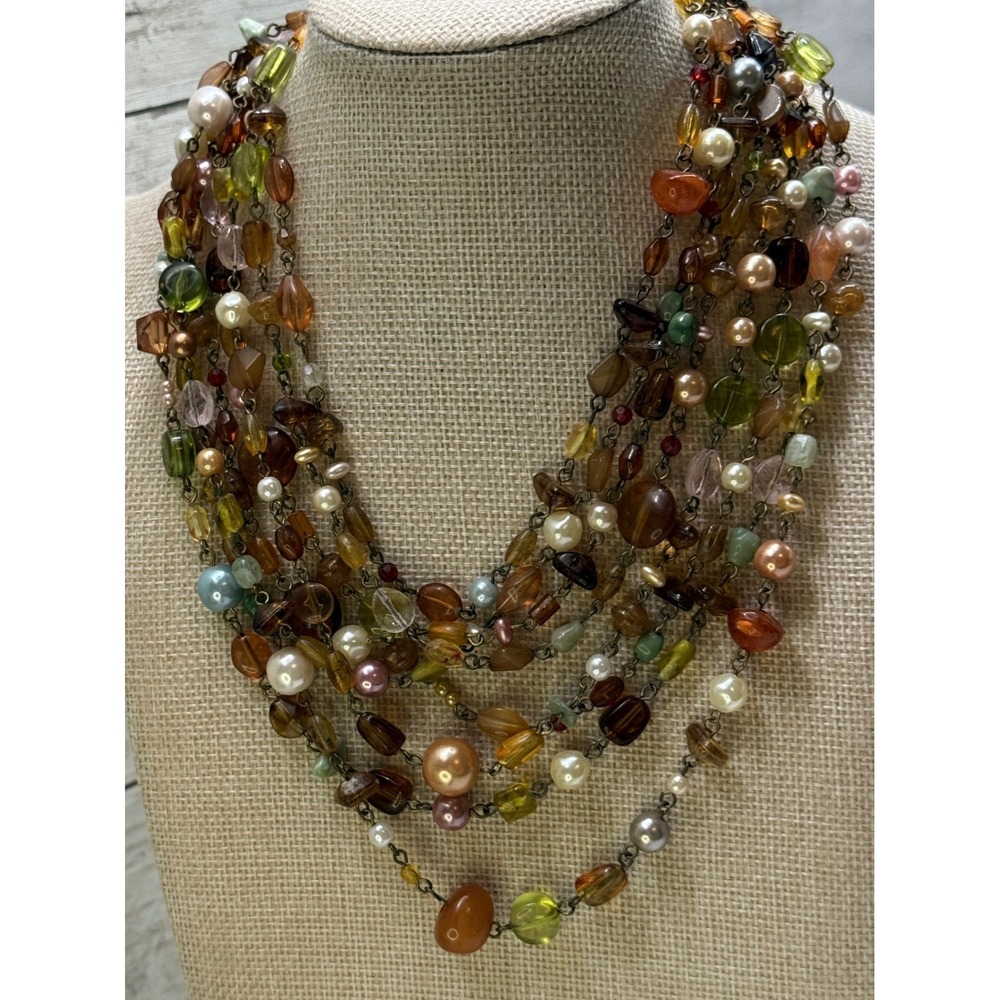 Lia Sophia 8 Strand Beaded Layered Necklace Earth Tones Amber Green Pearl Boho